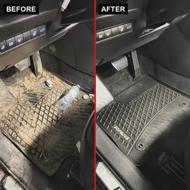 Toyota RAV4 floor mat deep clean: before (left) and after (right) detailing by LA's Auto Detailing