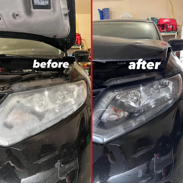 Nissan headlight restoration: before (left) and after (right) detailing by LA's Auto Detailing