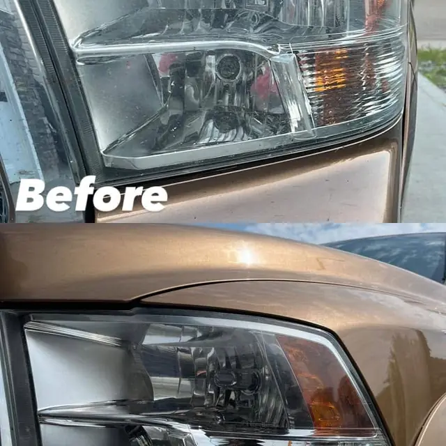 Pickup headlight restoration: before (top) and after (bottom) detailing by LA's Auto Detailing