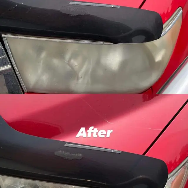 Headlight restoration on a red car: before (top) and after (bottom) detailing by LA's Auto Detailing