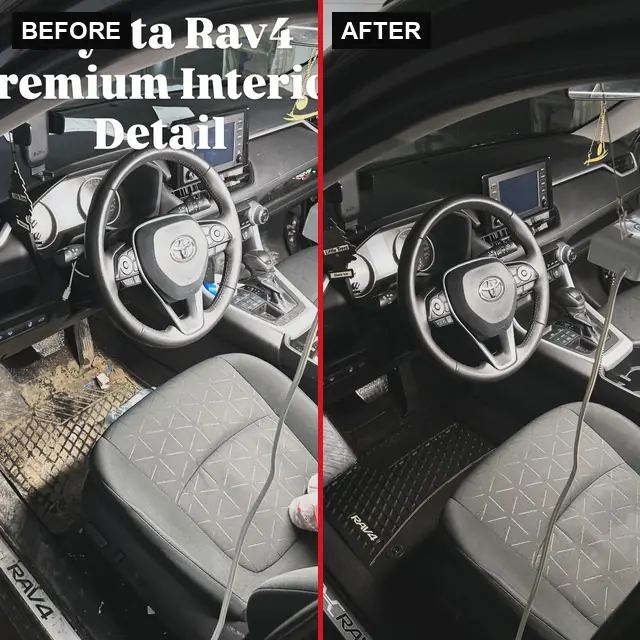 Toyota RAV4 premium interior detail: before (left) and after (right) detailing by LA's Auto Detailing