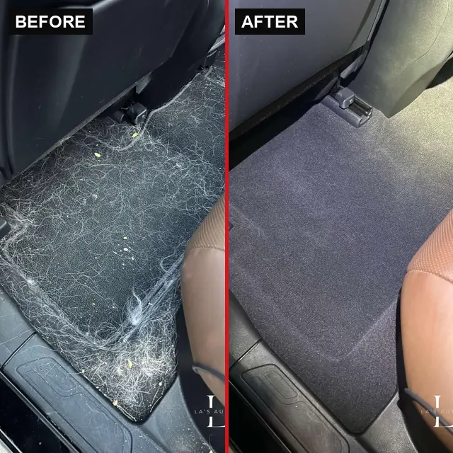Rear carpet clean-up: before (left) and after (right) detailing by LA's Auto Detailing